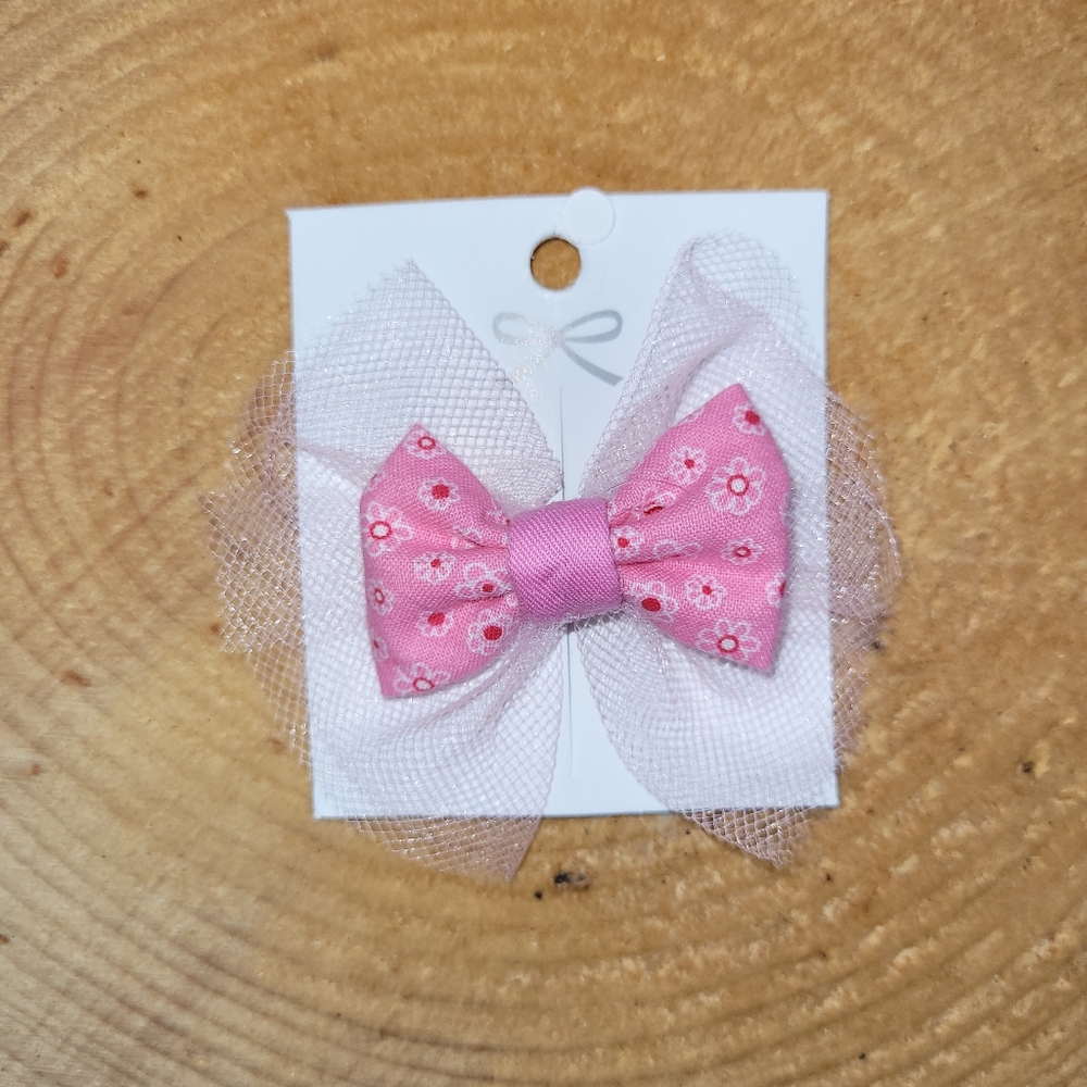 Handmade Pink Floral fabric Bow Hair Clip